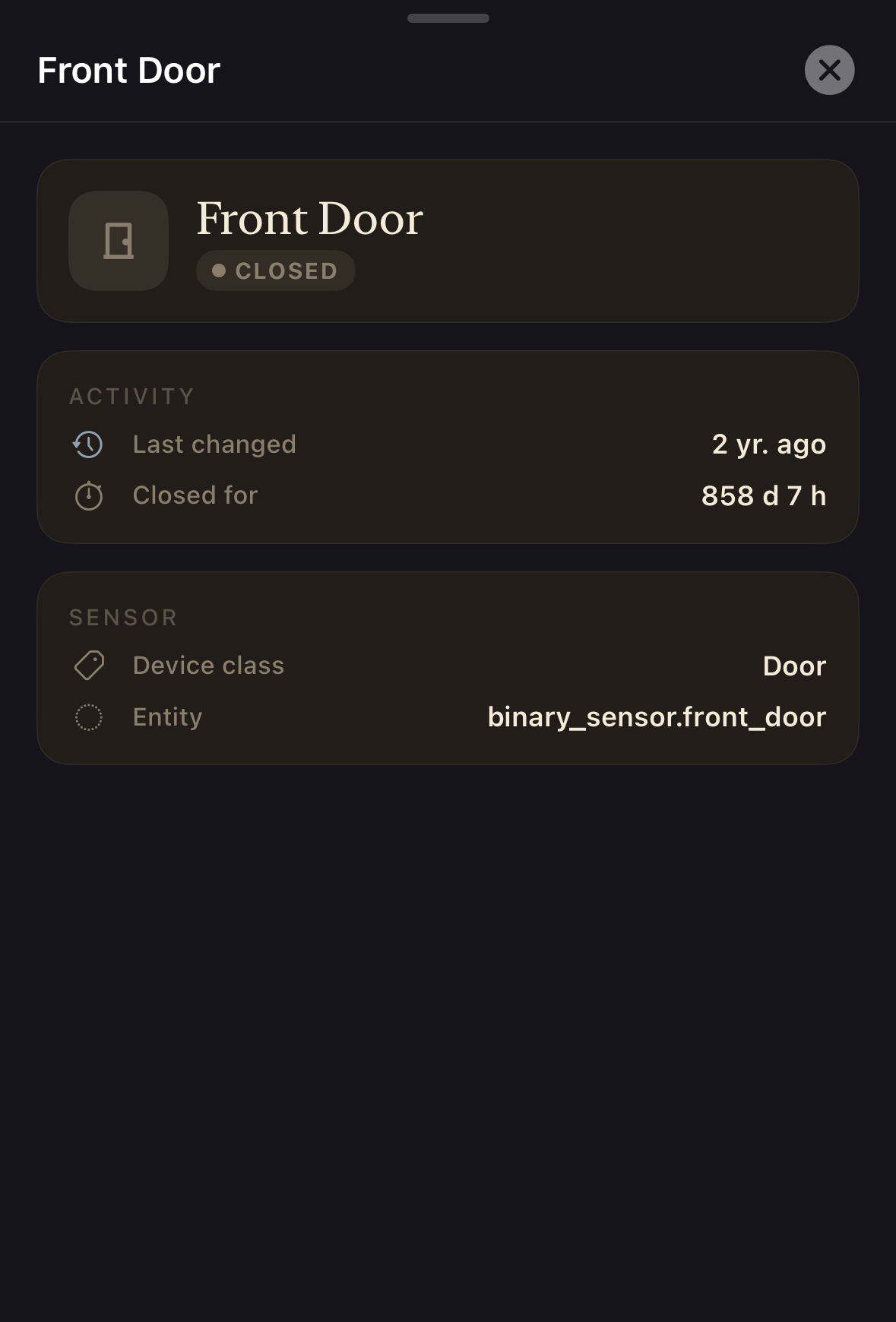 Binary Sensor drawer screenshot